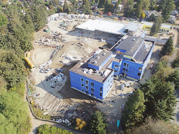 aerial view of a large building under construction