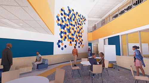 drawing of an open space with seating and a wall mural
