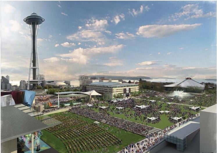 a color drawing of a large green area in front of the space needle -there are people in curved seats facing a stage, other people on stepped seating, and a large number of people on an open lawn with canopy tents. The Armory and the Climate Pledge Arena can be seen in the background