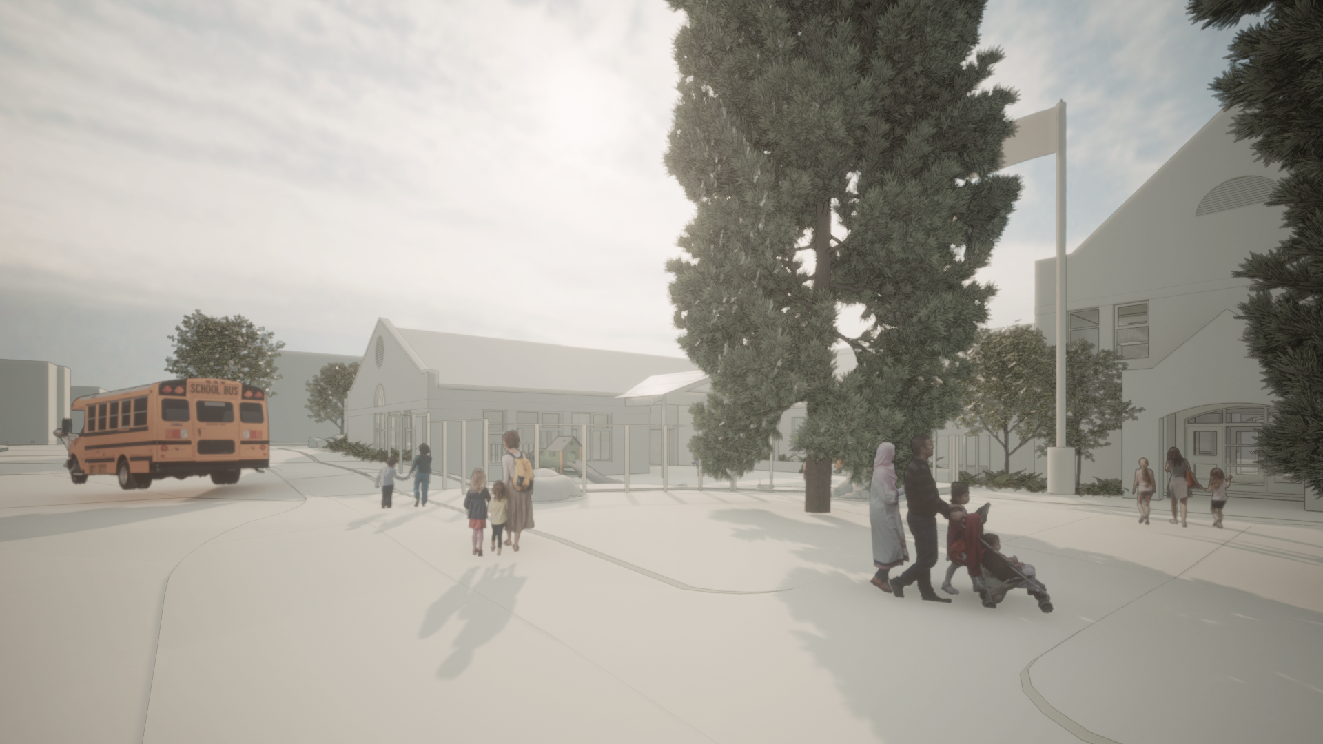 architects drawing of a school building with trees