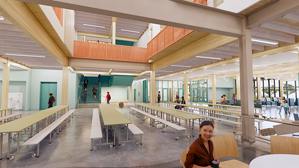 architect drawing of large space with lunch tables