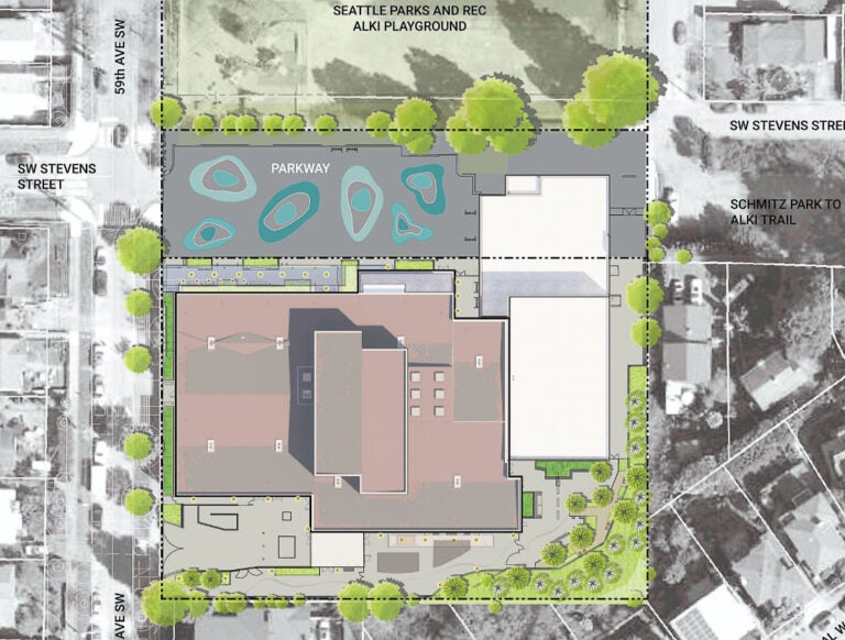 drawing of an aerial view of a large building with a mechanical penthouse. a space above it has colored blobs on it and is marked "parkway." Beyond that, a the top of the image is an area marked Seattle Parks and Rec Alki Playground