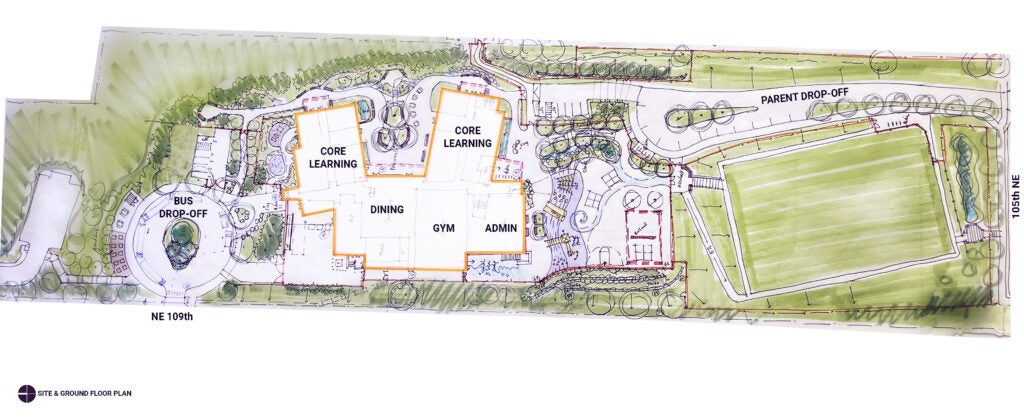 architect's rendering of a site plan with a building in the center, a large green field to the right, and a circular driveway to the left