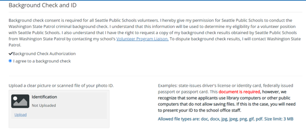 SPS volunteer portal screen shot showing the background check consent and an ID upload box.