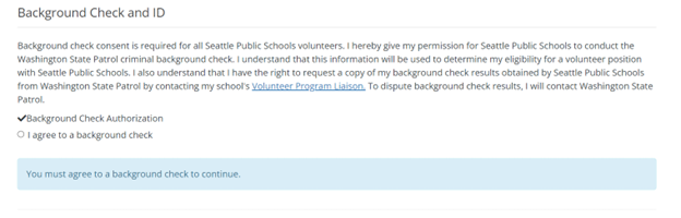 SPS volunteer portal screen shot showing the background check authorization question