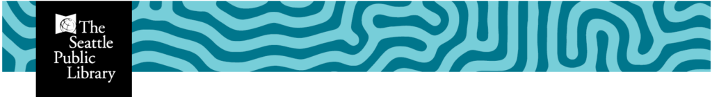 The Seattle Public Library logo with wiggly teal and light teal background