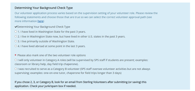 SPS volunteer portal screen shot showing a menu of background check options.