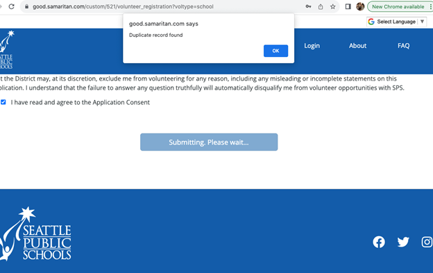 Screen shot of a page showing that a duplicate record has been found in the volunteer application system