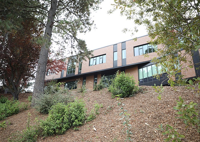 looking up a hill with trees and shrubs to a brown two story building