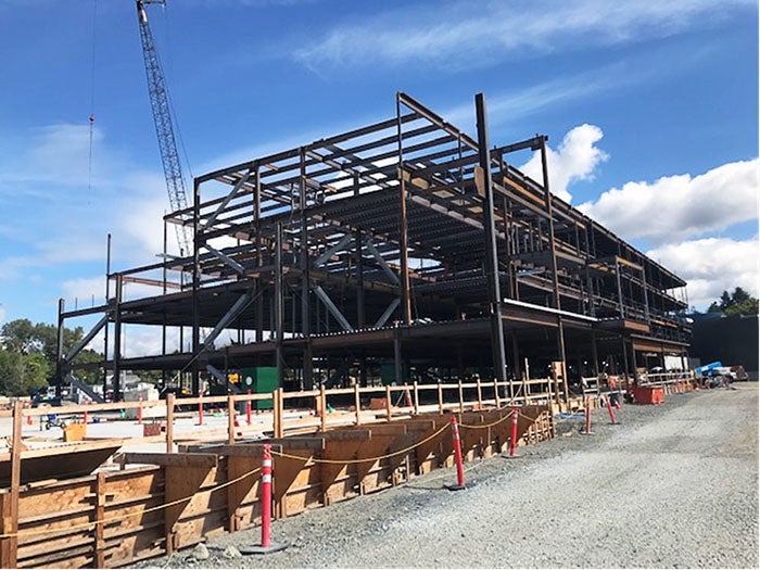 steel framing for a building with a crane