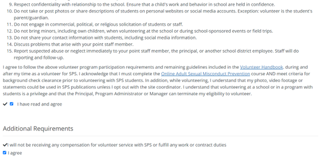 Screen shot of the volunteer application process - check boxes for volunteer program participation requirements