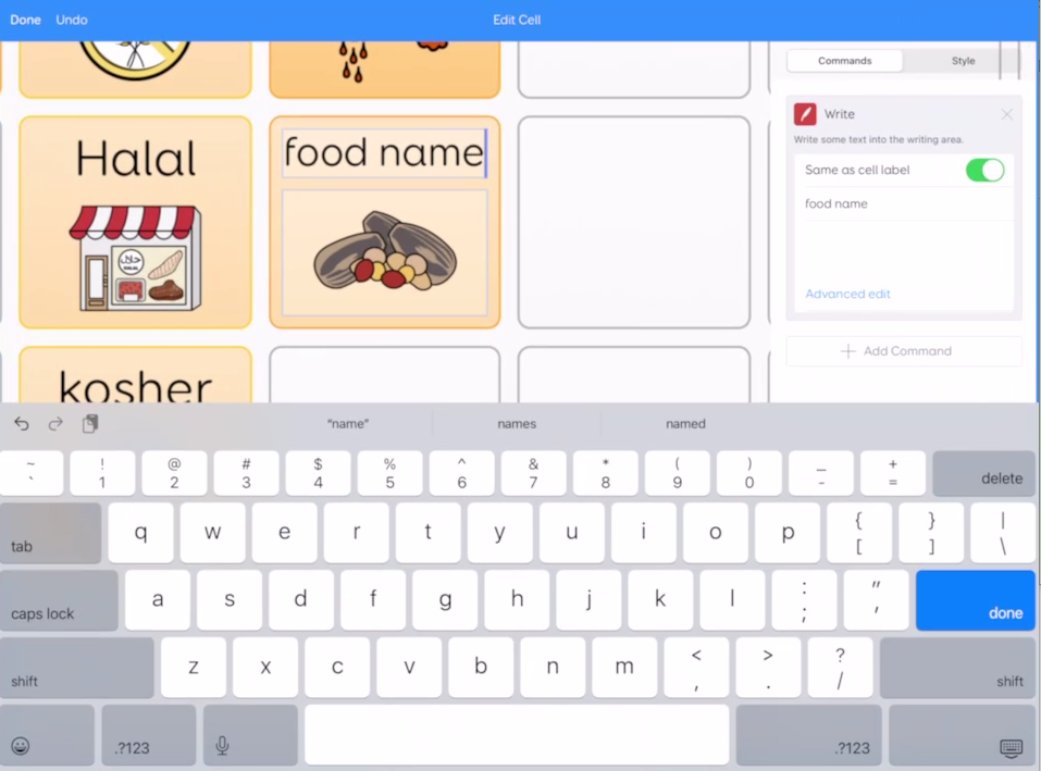 Screen shot of Grid for iPad showing typing the name of a cell