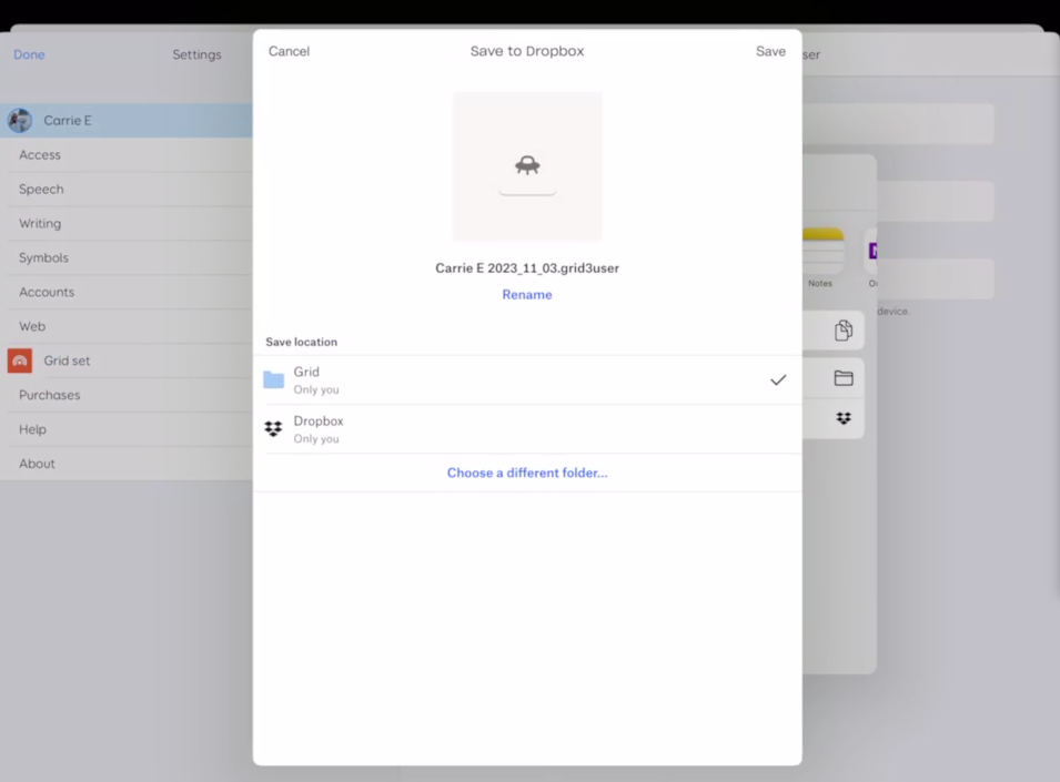 Screen shot of Grid for iPad showing the save to dropbox pop up