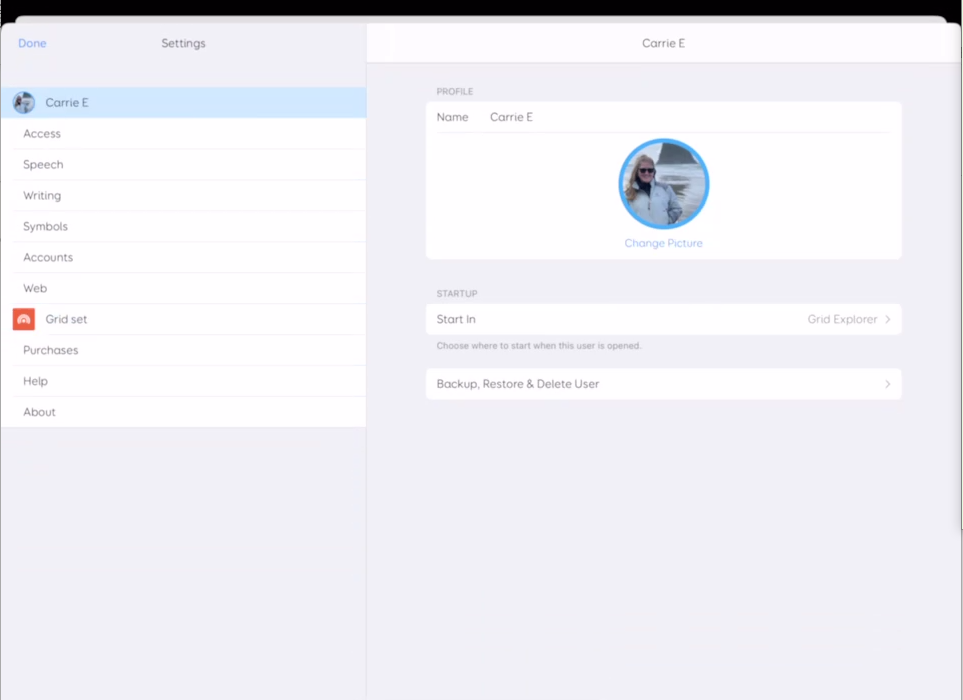 Screen shot of Grid for iPad showing the User in Settings 