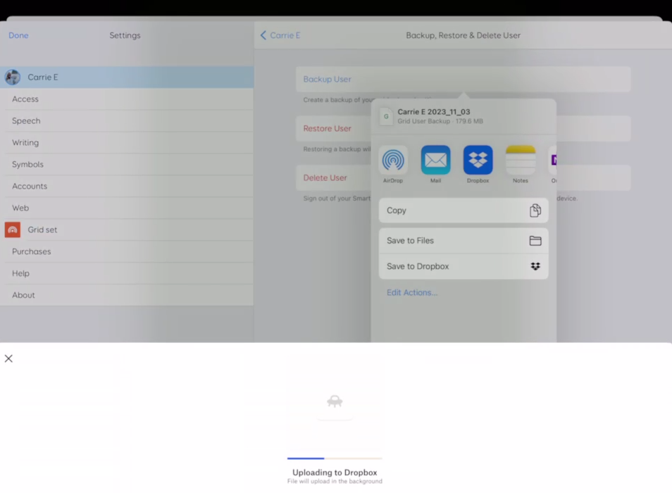 Screen shot of Grid for iPad showing a Dropbox upload in progress