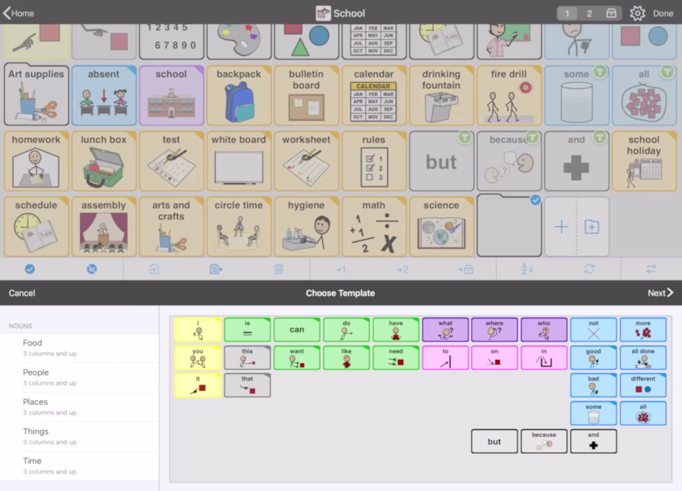 Screen shot of Proloquo2Go showing choosing a template when adding a new folder