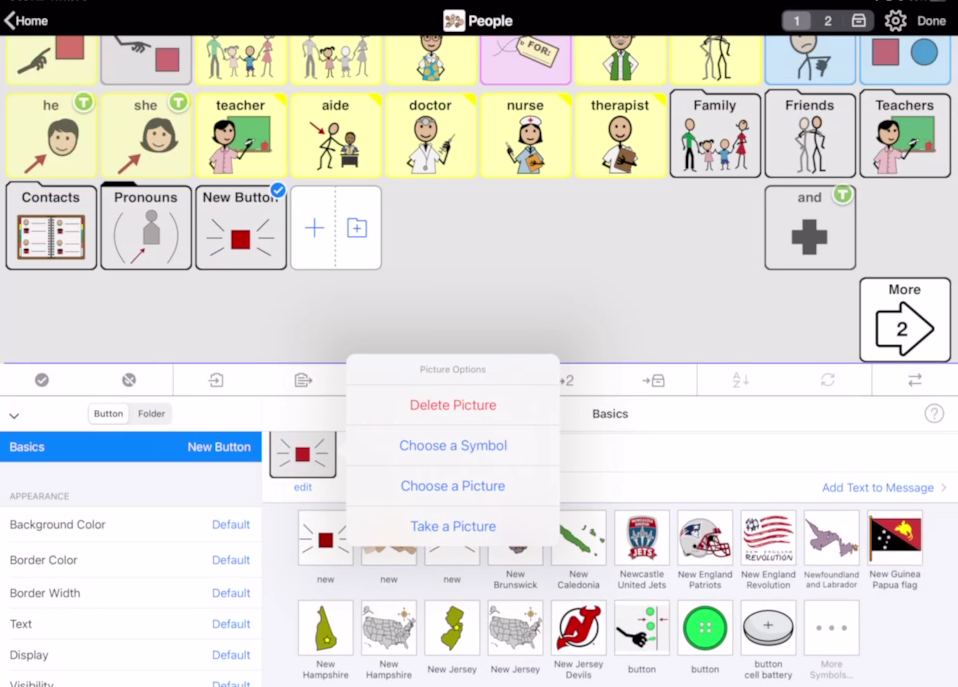 Screen shot of Proloquo2Go showing the image options for a new button