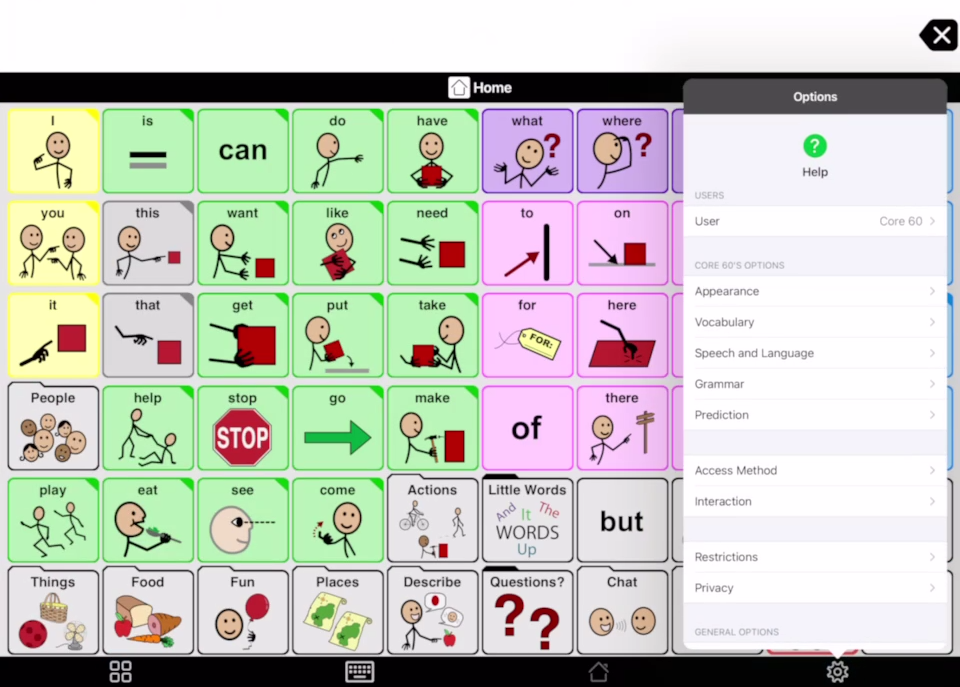 Screen shot of Proloquo2Go showing Options
