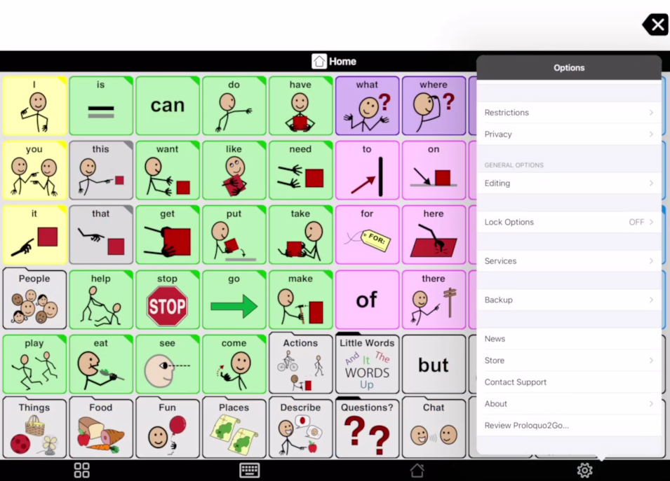 Screen shot of Proloquo2Go showing Options menu