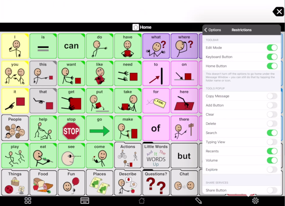 Screen shot of Proloquo2Go showing the Edit Mode turned on in Restrictions