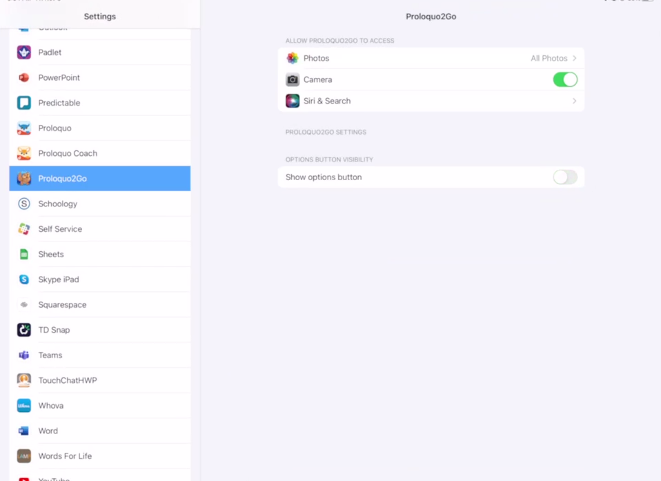 Screen shot of Proloquo2Go iPad Settings with allow options button turned  off