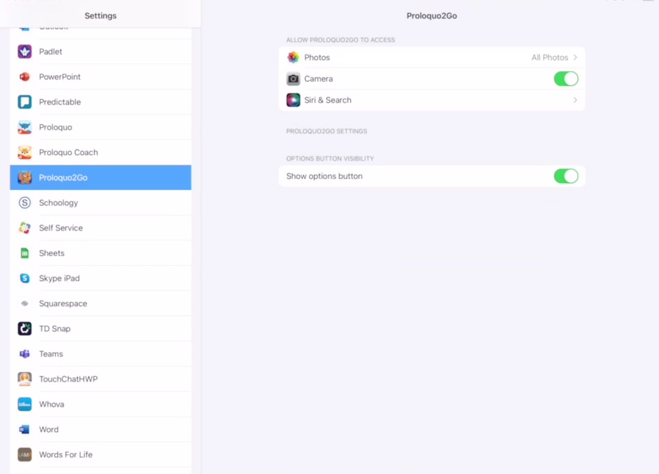 Screen shot of Proloquo2Go iPad settings with show options button turned on