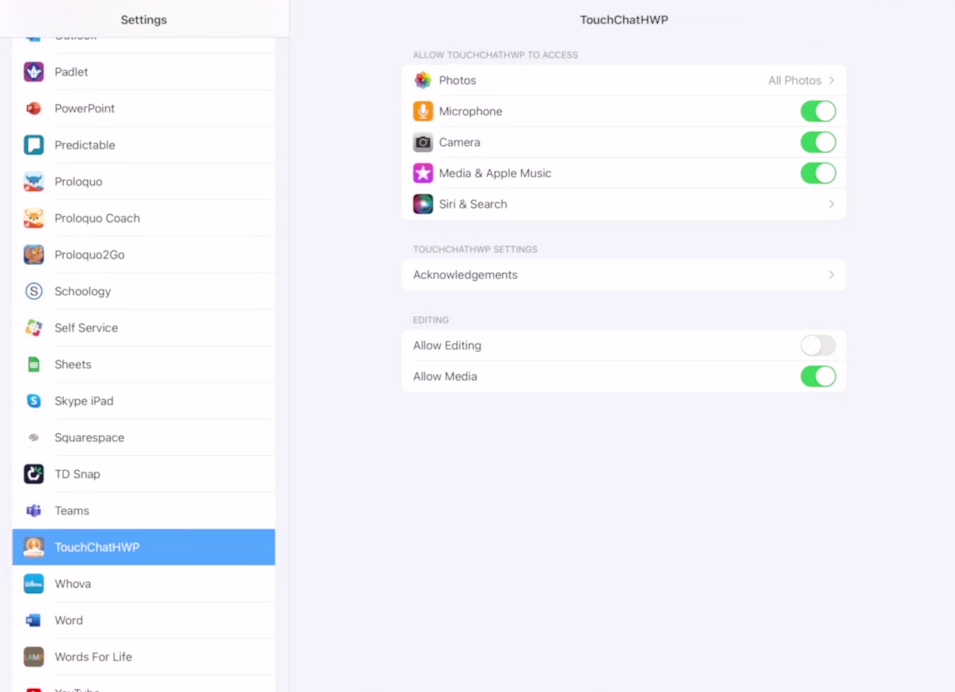 iPad settings with the app Touch Chat selected showing the options to turn editing on or off