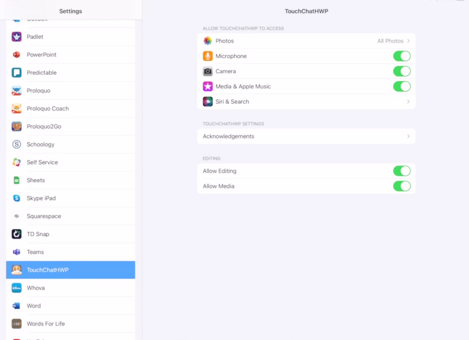 iPad settings with the app Touch Chat selected showing the options to turn editing on or off