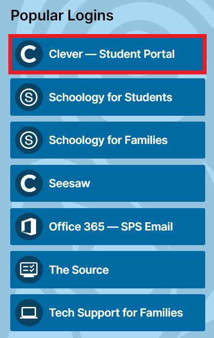 screenshot of popular logins on district home page. Clever link is highlighted in red box