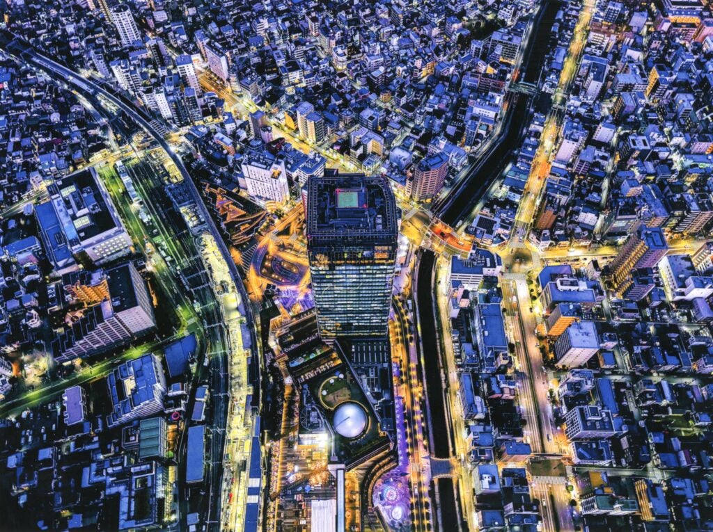 City scape from above, abstracted and distorted at night
