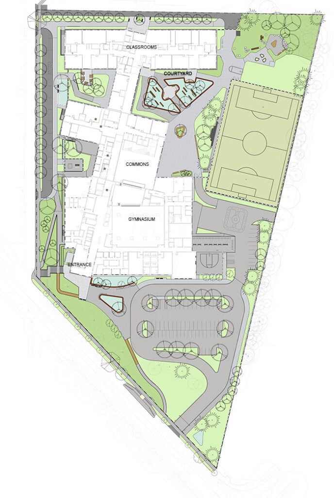 site plan for a large space with a building, trees, and parking