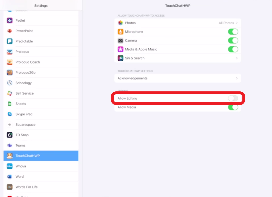 screen shot of iOS settings of Touch Chat with Allow Editing toggled OFF