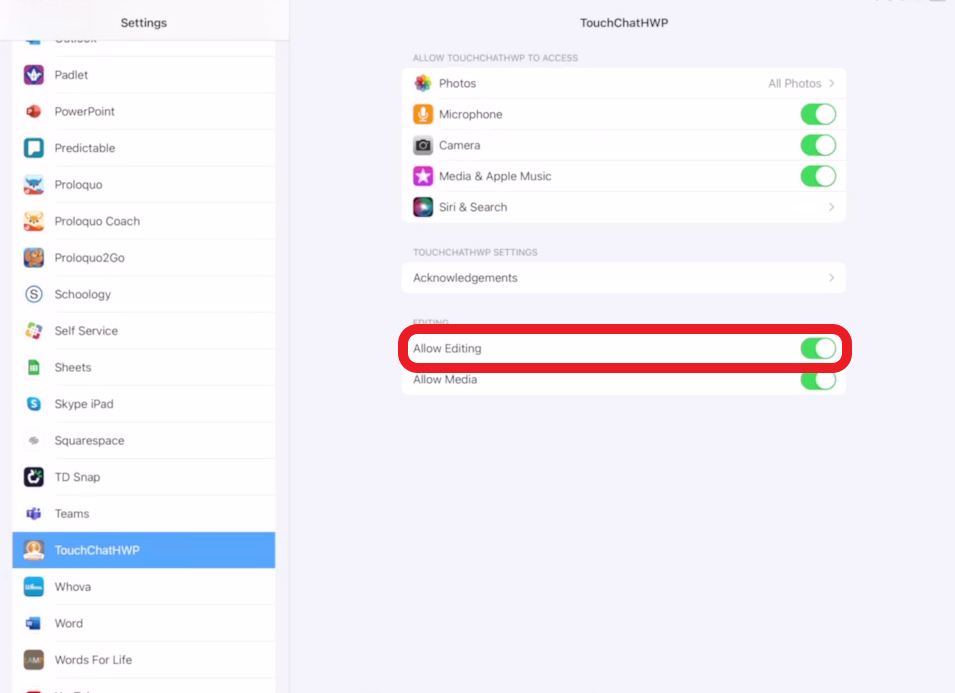 screen shot of Touch Chat iOS settings with allow editing toggled on