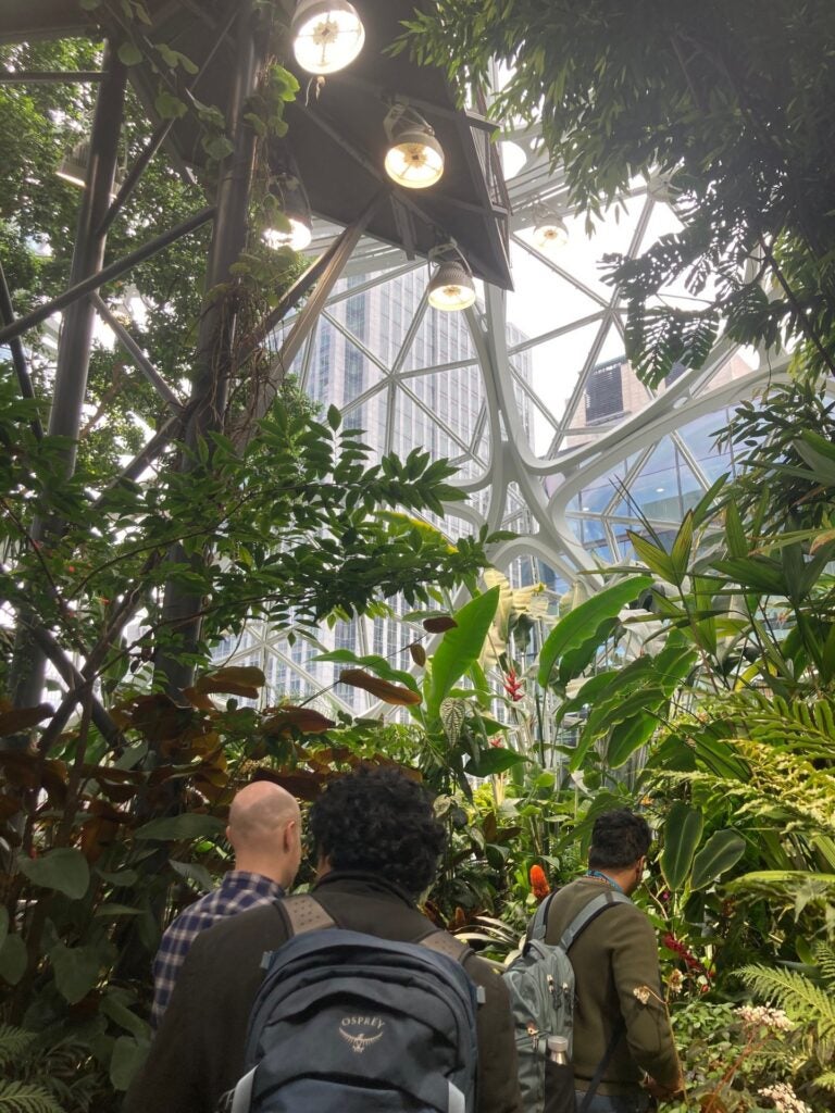students walking among lush greenery in geodesic dome