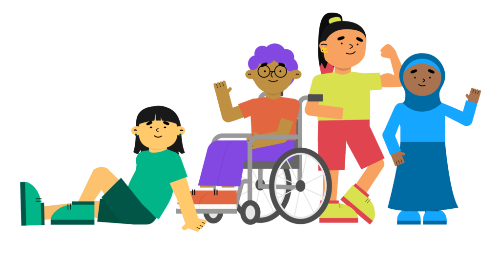 Image of four children sitting and standing, one is in a wheelchair.