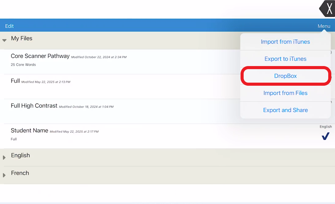 LAMP menu pop up with dropbox outlined in red