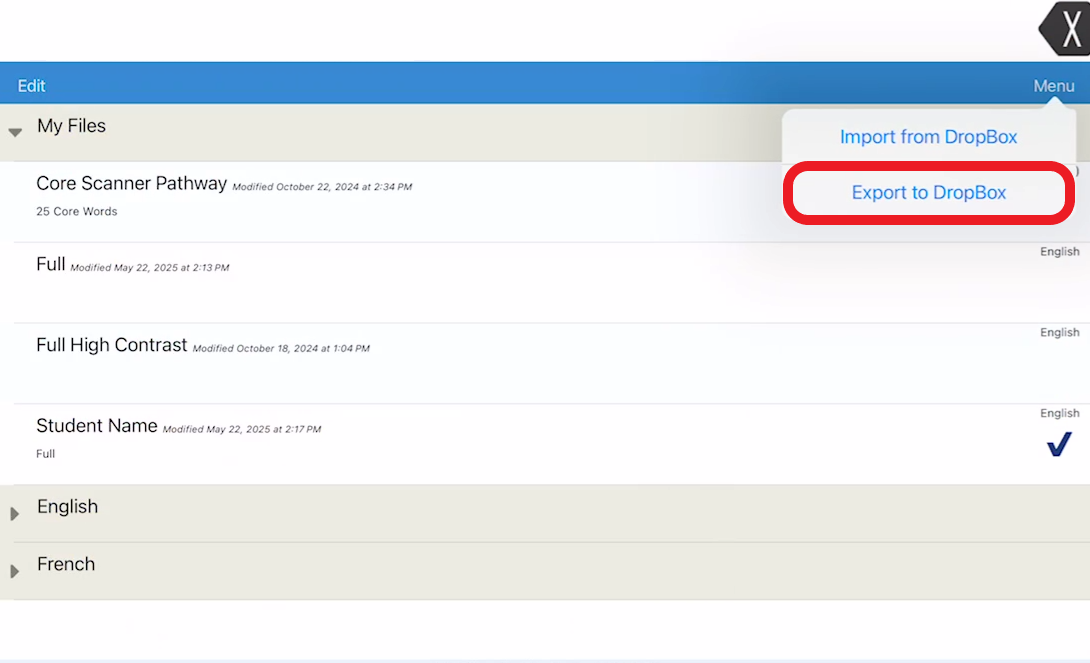 LAMP menu pop up with export to dropbox outlined in red