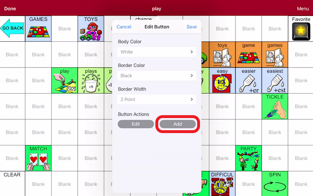 screen shot of LAMP editing pop up with Add outlined in red under button actions