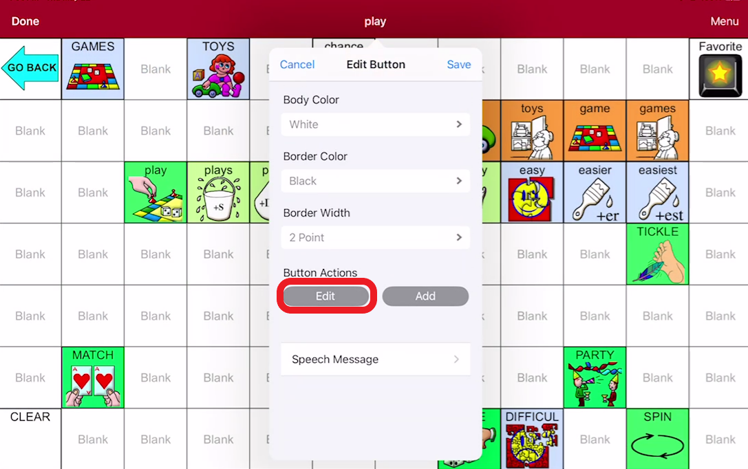 screen shot of LAMP editing pop up with Edit outlined in red for button actions