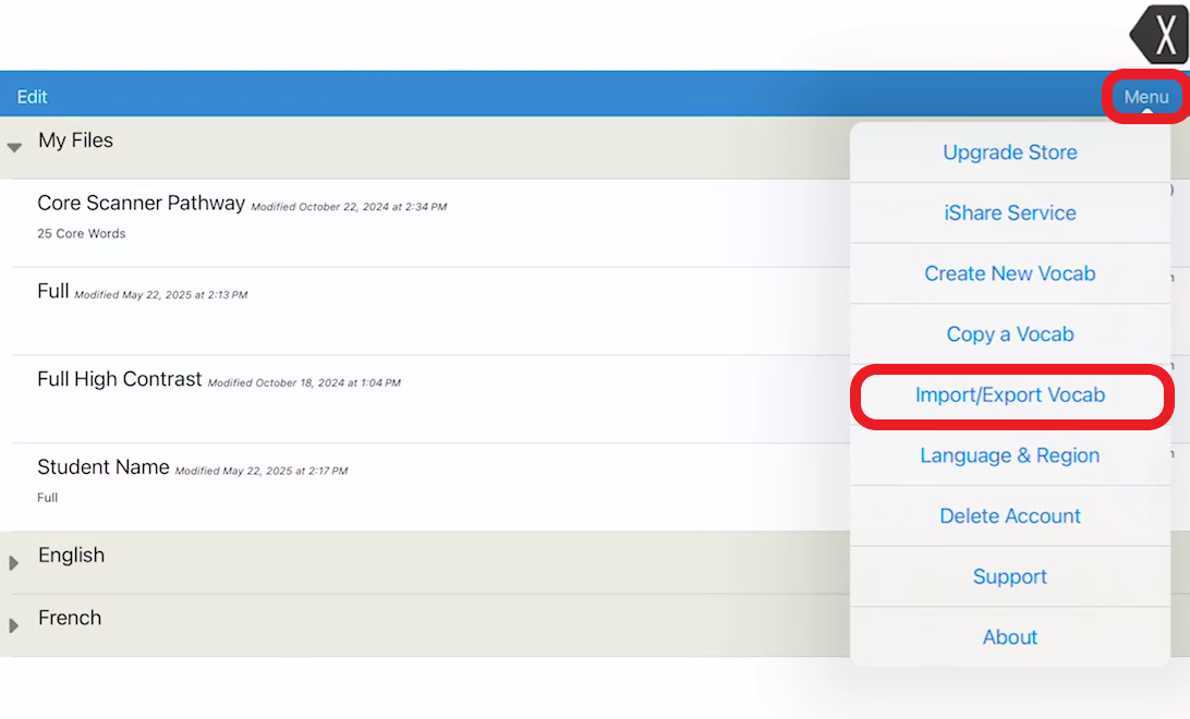 screen shot of LAMP menu pop up with Import export vocab outlined in red