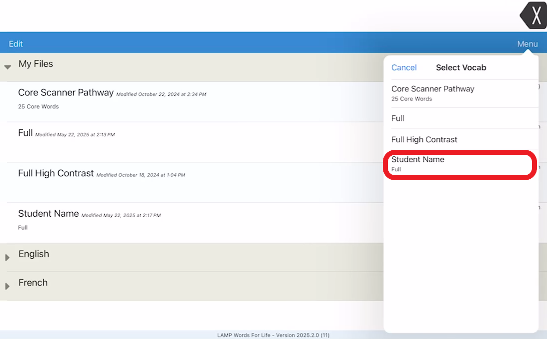 screen shot of LAMP menu pop up with student name file outlined in red
