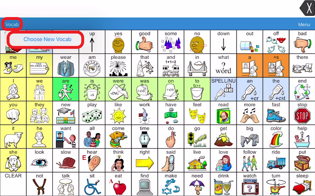 screen shot of LAMP with Vocab and Choose new vocab outlined in red
