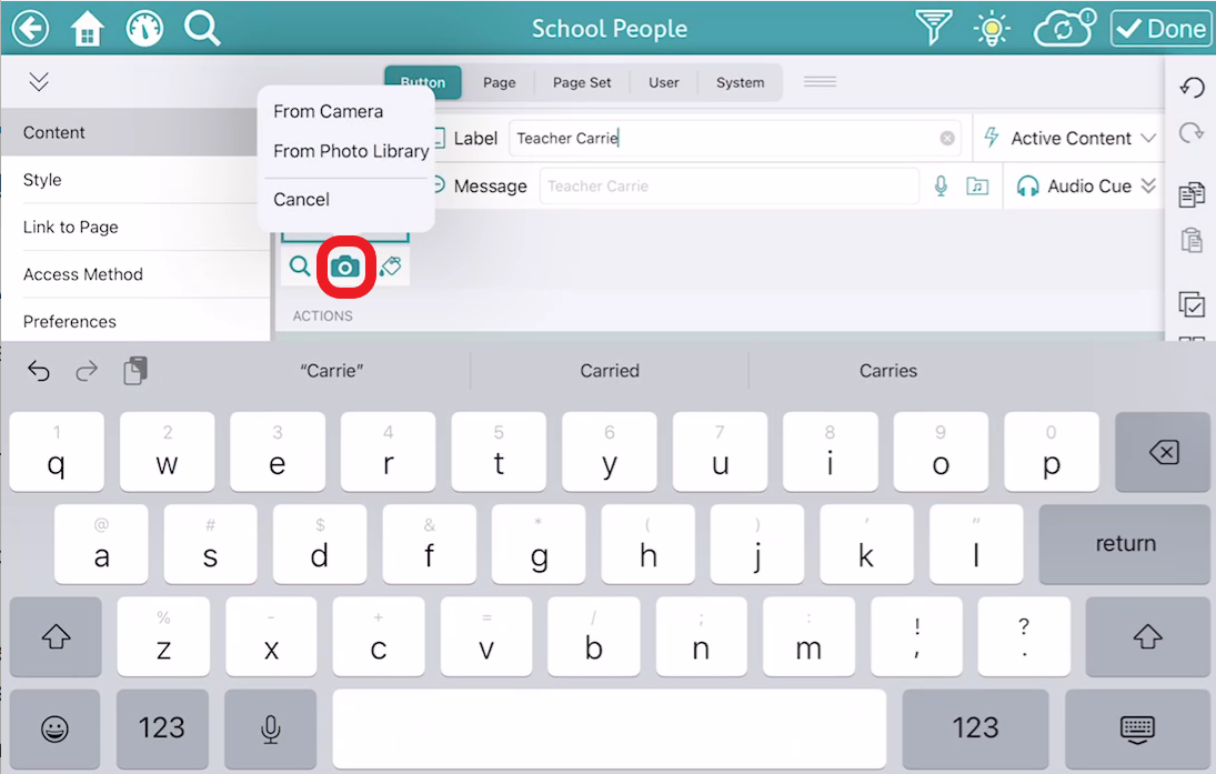 screen shot of editing pop up in TD Snap with the camera icon outlined in red