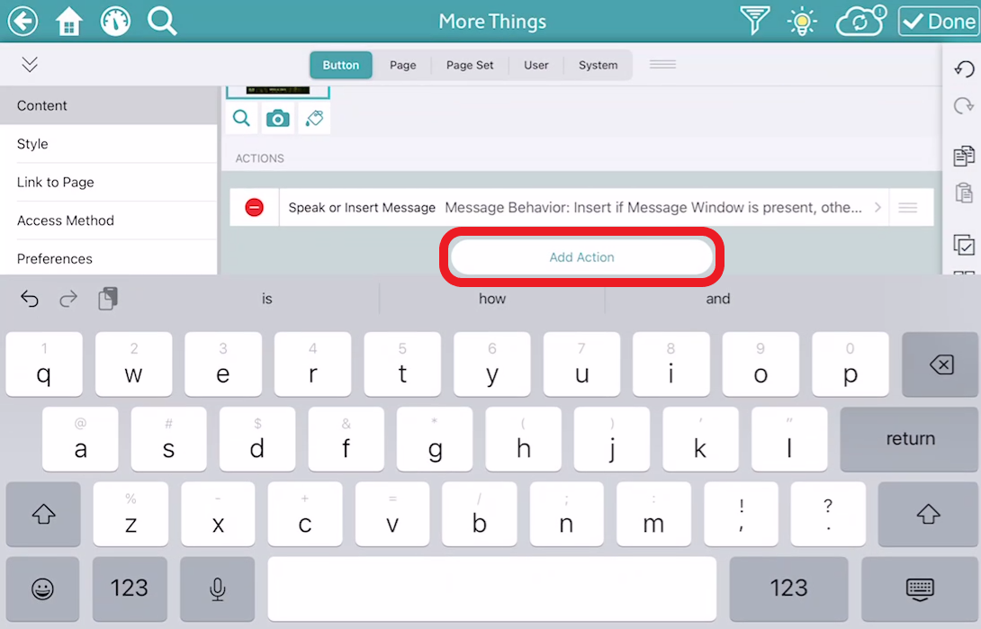 screen shot of TD Snap editing pop up with Add Action outlined in red