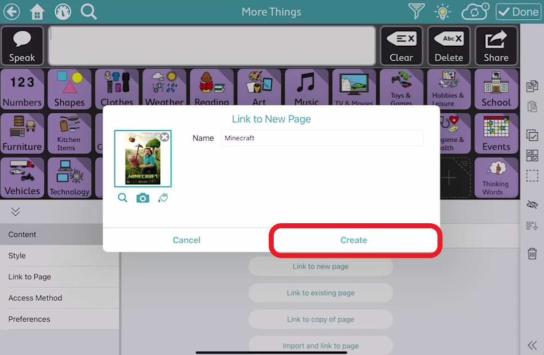 screen shot of TD Snap editing pop up with create outlined in red