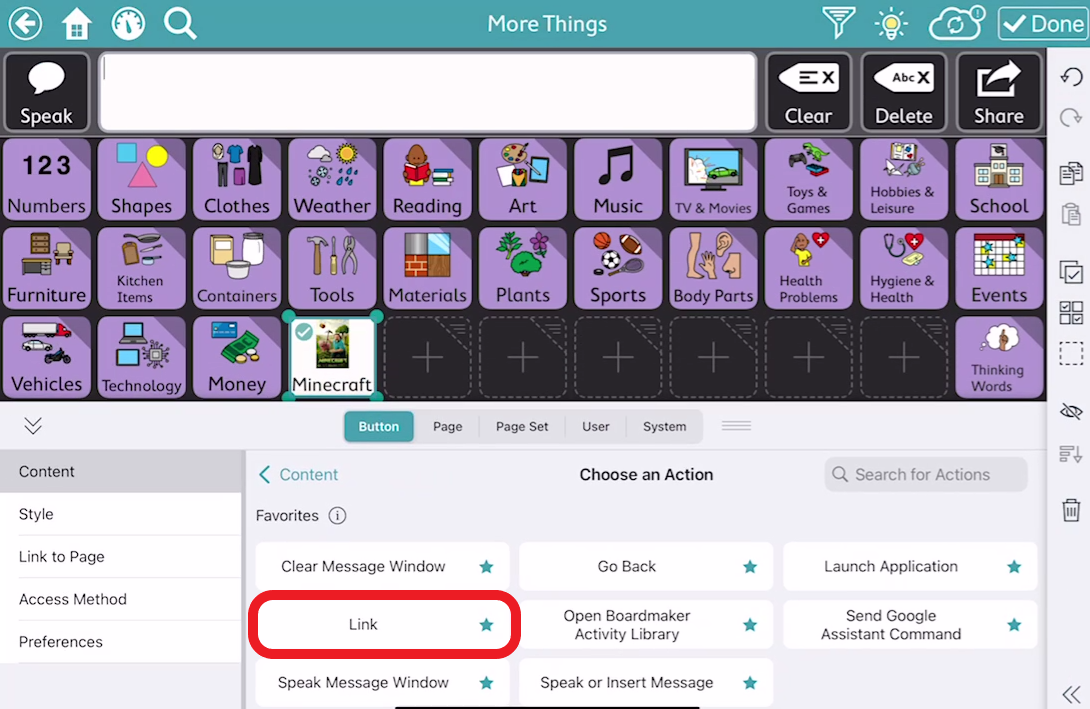 screen shot of TD Snap editing with Link button action outlined in red