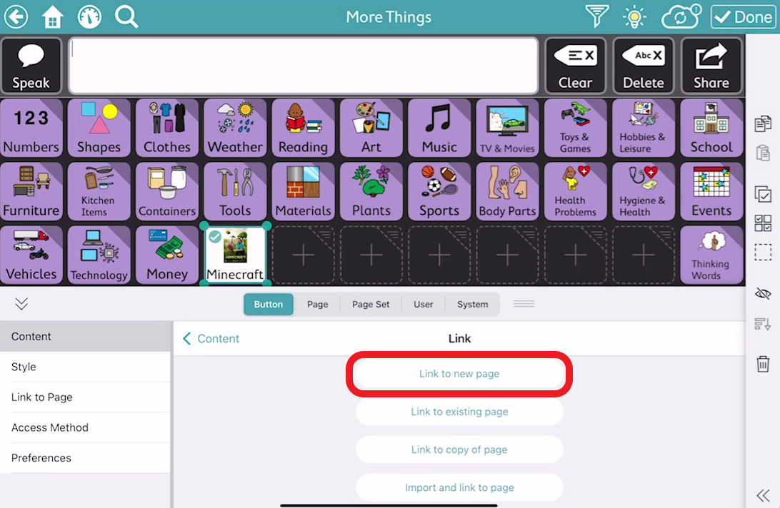screen shot of TD Snap editing with link to new page outlined in red