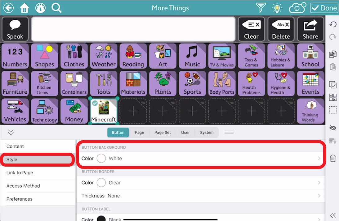 screen shot of TD Snap editing pop up with Style and button background outlined in red