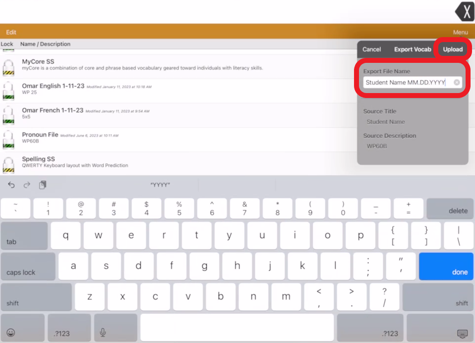 screen shot of Touch Chat Menu pop up with name of file to upload to Dropbox outlined in red