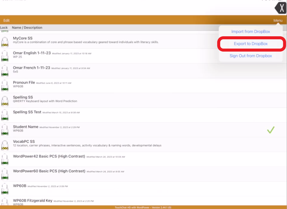 screen shot of Touch Chat Menu pop up with Export to Dropbox outlined in red